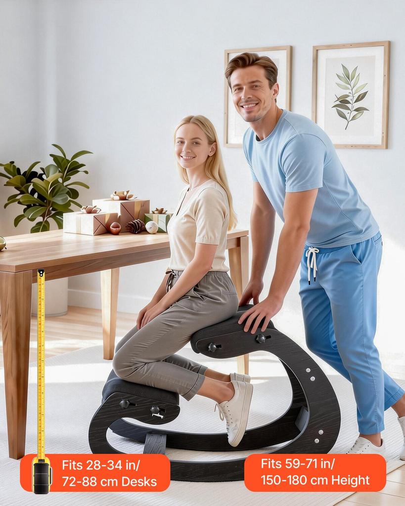 Ergonomic Kneeling Chair, Wooden Posture Knee Chair with Adjustable Thick Foam Cushions & Solid Wood Frame, Adjustable Height, Relief for Neck or Back