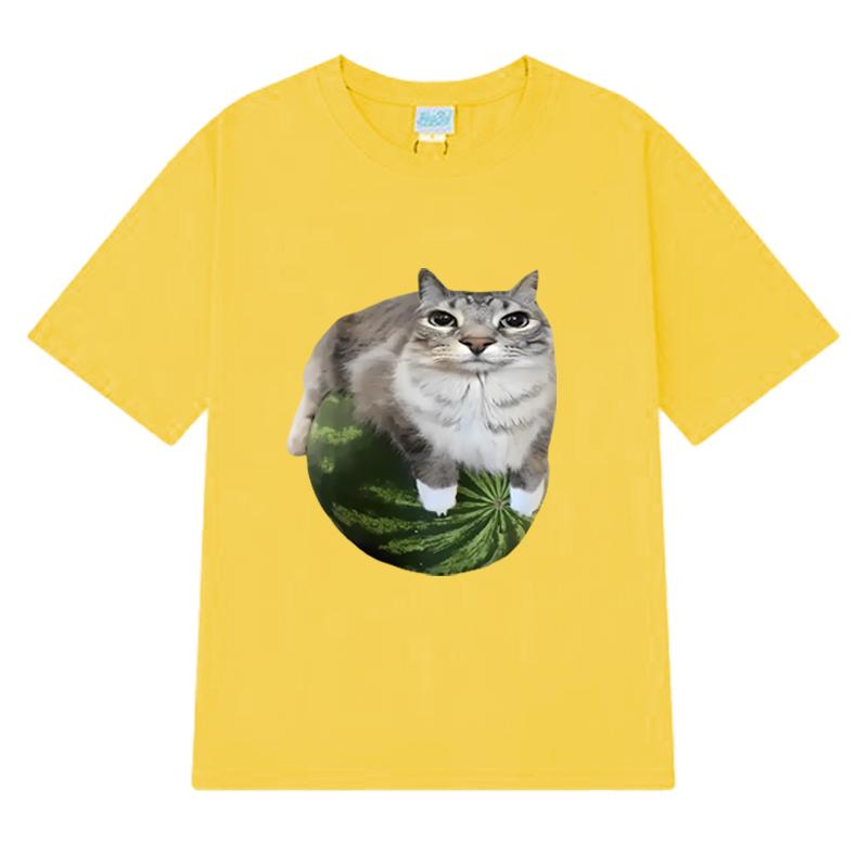 Funny Watermelon Cat Silly Cat Meme Printed T Shirt 2025 New Men Women Oversized Short Sleeve T-shirts Unisex 100% Cotton Tops
