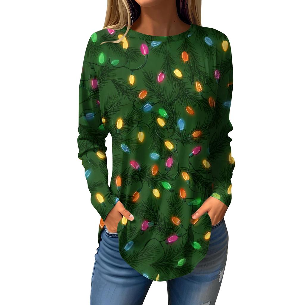 Women's Loose Round Neck Christmas Print Long Sleeve T-Shirt Top Pullover