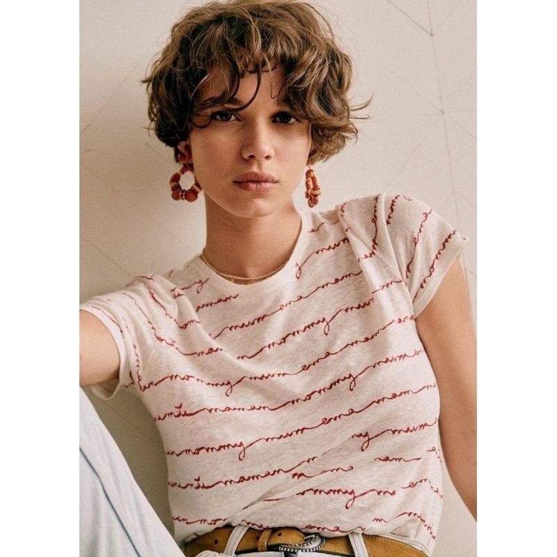 

[In Stock] French Minority French Ladieswear Letters Simple Easiest for Match Linen Short Sleeve T-Shirt round Neck White T-Shirt Women s Clothing Figure S