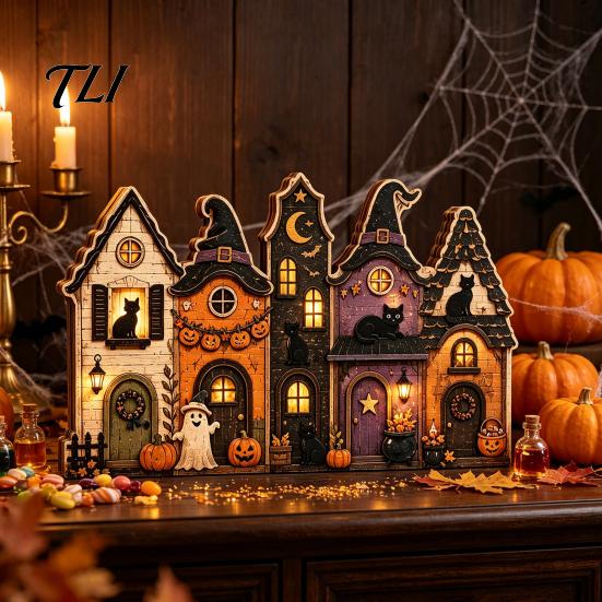 Autumn Theme Interior Ornaments Halloween Retro Haunted Village Wooden Tabletop Decor, Fall Farmhouse Witch Mantle Decorations House Ornament,