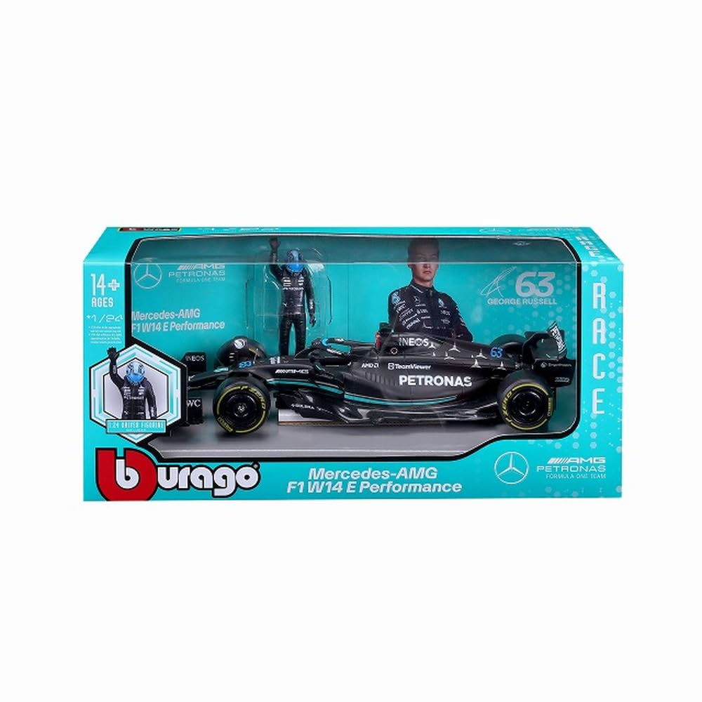 Bburago 1/24 Scale Mercedes-AMG Petronas F1 Team W14 (2023) E-Performance No. 63 with G. Russell Figure (Window Box) - Finished Model (BUR28037R)