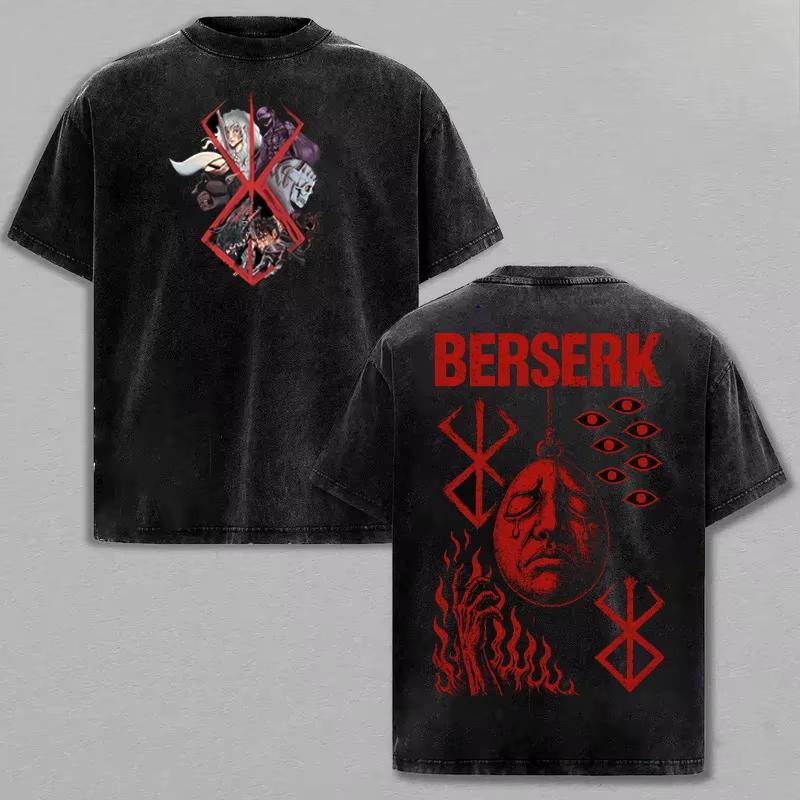 Camiseta Estampada Gráfica Clásica Oscura Anime Berserk Beherit Guts Griffith para Hombre Mujer Retro Lavada Cuello Redondo Algodón Holgada Casual Oversized Top Verano Nueva Camiseta