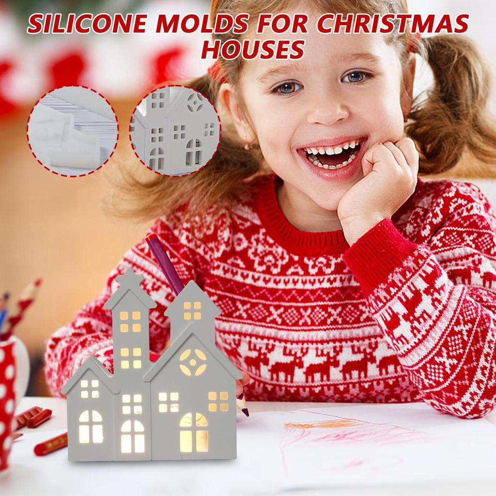 Christmas Silicone Molds Non-Stick Christmas House Table Centerpieces 1 Pair Building Shape Casting Mold For Chocolate Wax