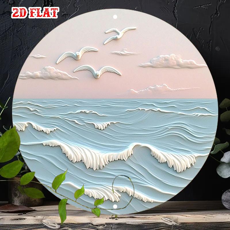 D Flat Metal Sign Ocean Waves Seagulls Vintage Nautical Round Tin Poster Wall Art for Home Bar Man Cave Patio Porch Room Decor
