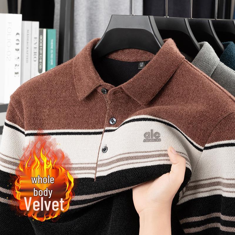 Men s Striped Long-Sleeve Lapel Knit Sweater – Winter Casual Fashion for Middle-Aged Dads 3XL