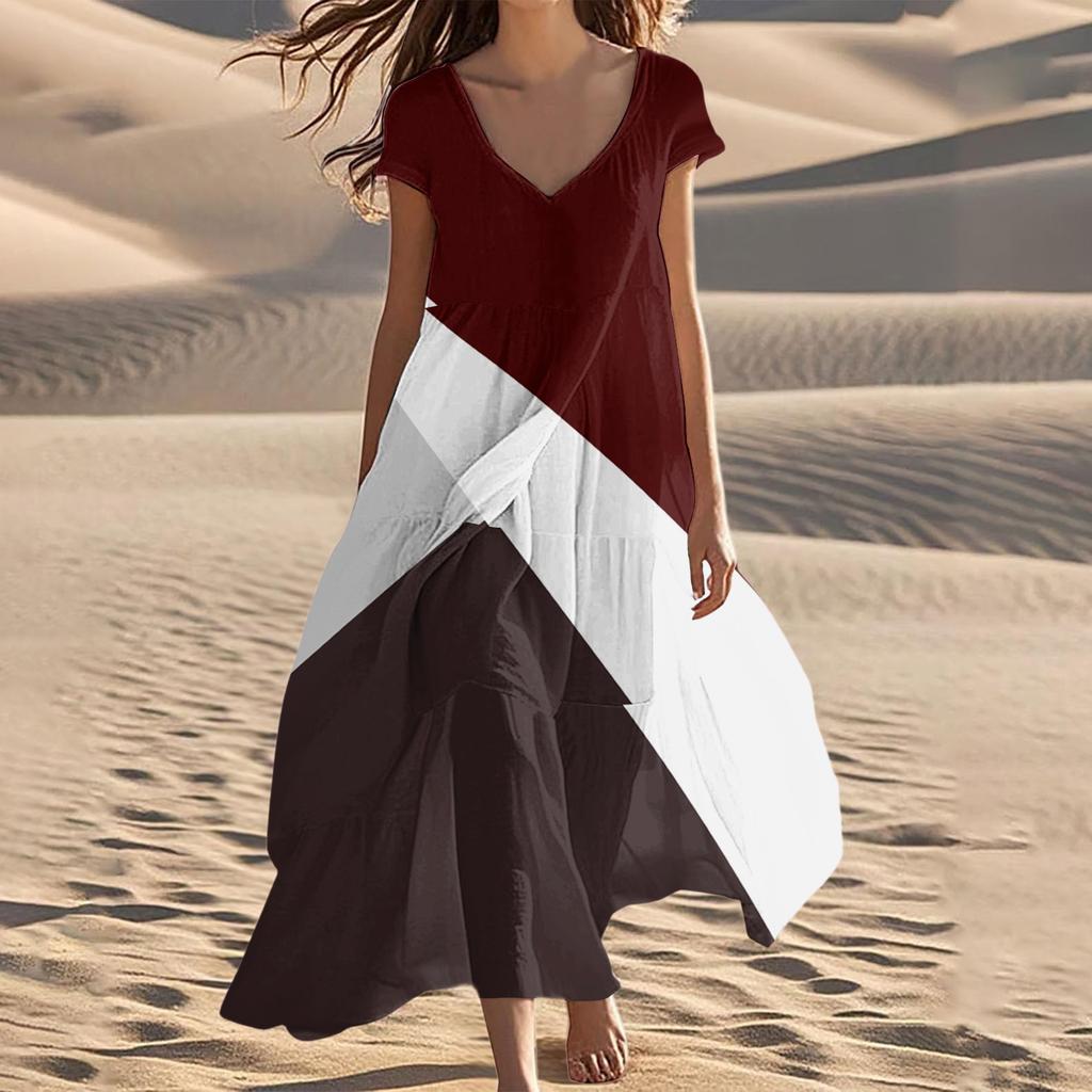 Women's Summer Fashion V-Neck Beach Long Short Sleeve Striped Geometric Print Dresses