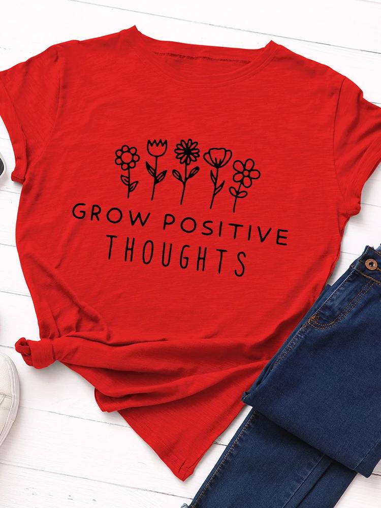 Lass positive Gedanken wachsen Pflanzen Print Damen T-Shirt Kurzarm O-Ausschnitt Locker Damen T-Shirt Damen T-Shirt Oberteile Camisetas Mujer