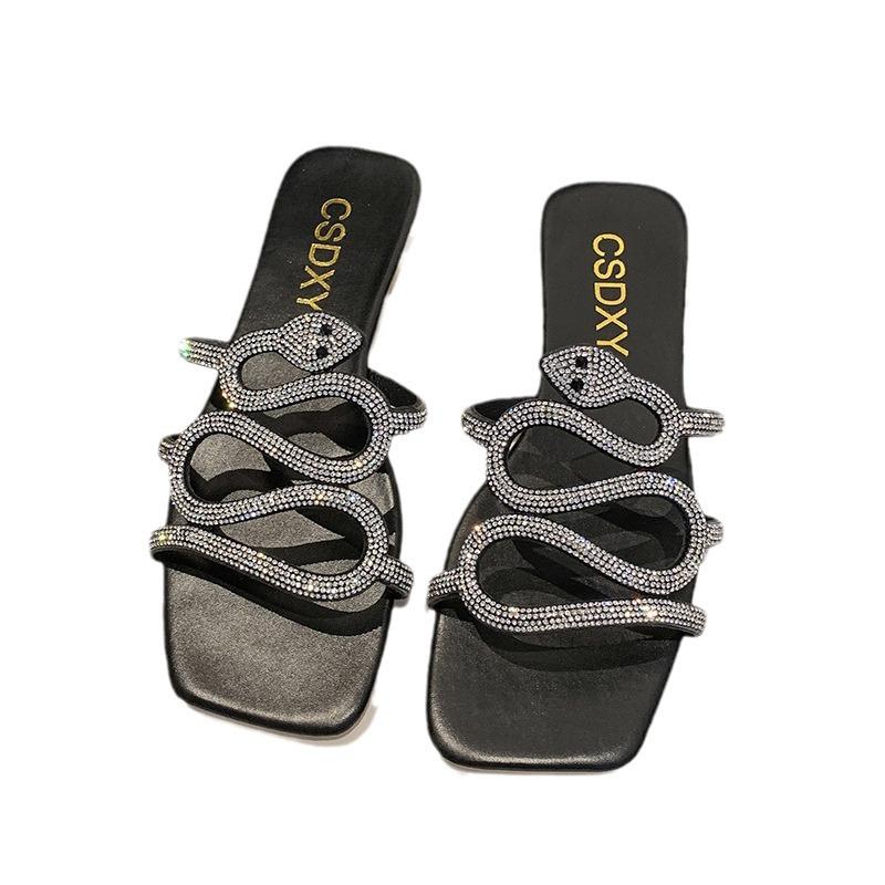 Korean Version of Rhinestone Snake Head Type Flat-bottomed Slippers Women's Flat Slippers Square Head Home Slippers Black