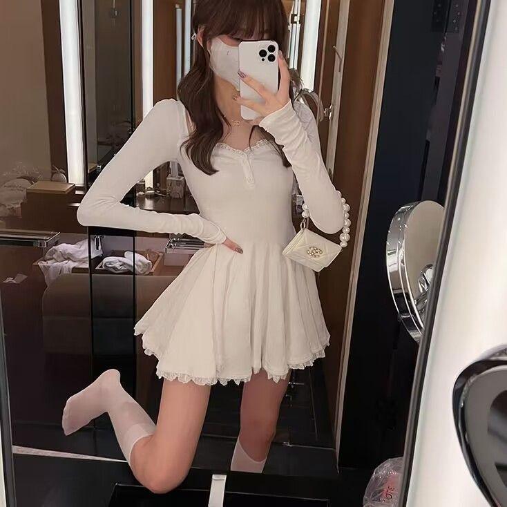 Pure desire puffy sexy lace dress women's autumn new long-sleeved waist temperament Spice girl pleated A-word short skirt