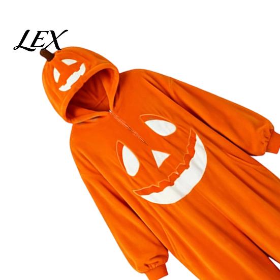 Unisex Fleece Pajamas Halloween Pumpkin Onesie for Adults, Plush Orange Sleepwear Hooded Costume, Oversized Loose Loungewear Family Matching Costumes
