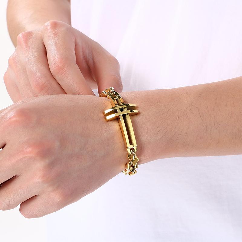 Polished Gold Color Stainless Steel Cross Bracelet for Men Women Irregular Chain Minimalist Religious Symbol Jewelry for Daily