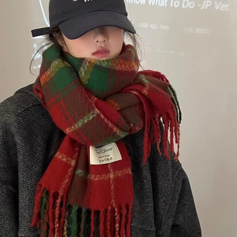 New gift christmas red scarf winter plaid scarf women's imitation cashmere versatile knitted shawl women