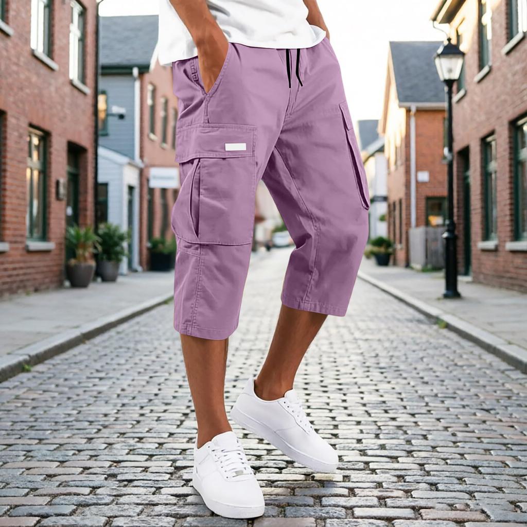 Men’s Drawstring Waist Multi Pocket Cargo Capri Pants Relaxed Fit Seven Quarter Length Casual Trousers for Everyday Wear