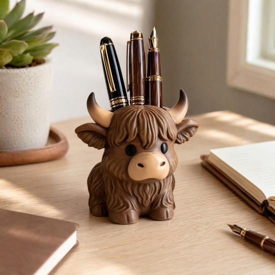 Highland Cow Pen Holder, Multifunctional Desk Organizer for Pens Makeup Brushes, Resin Cute Animal Small Storage Jar Decor for Home Office