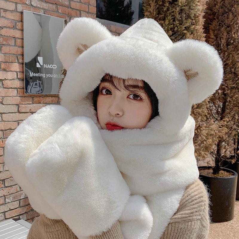 Womens Winter Knit Hooded Hat Scarf Combo With Ear Protection Cute Plush Warm Beanie Outdoor Walking Cycling