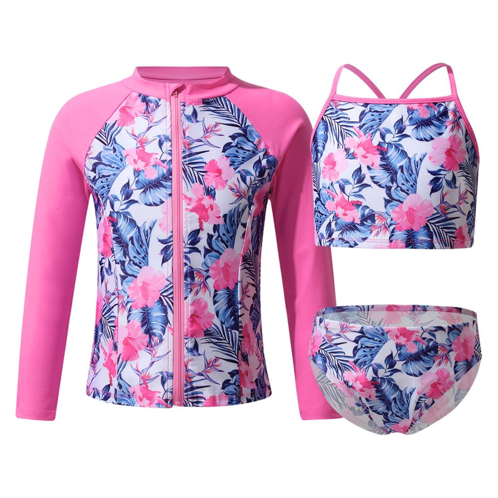 Girls 3 Piece Swim Set Sleeveless Top Briefs Long Sleeve Coat Front Zipper Sun Protection Beach Swimwear