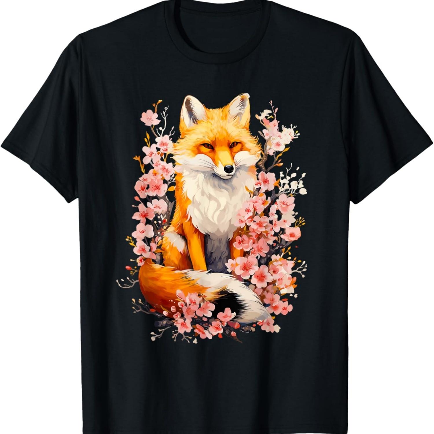 Traditional Fox  Cherry Blossom Flower T-Shirt(1) S чёрный