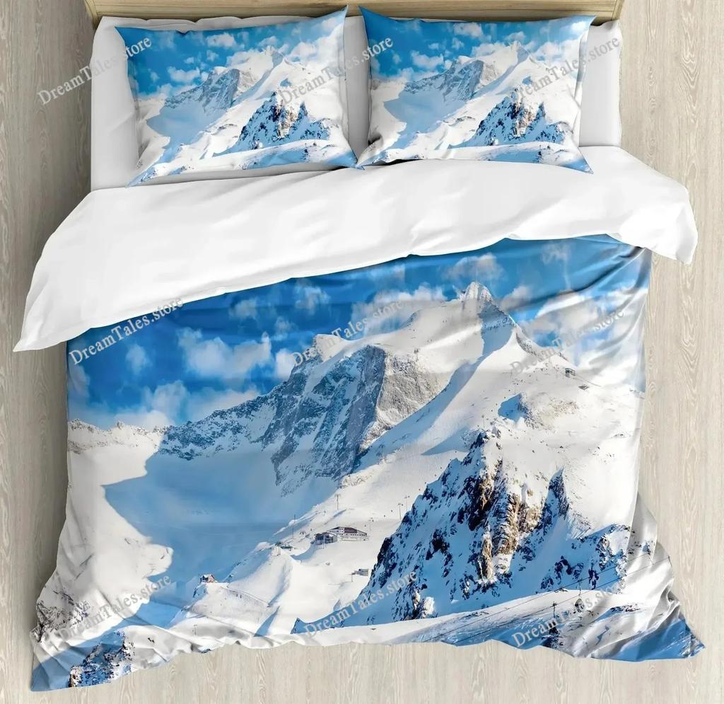 Ski Sports Duvet Cover Set Full Size Winter Sports Skiing Bedding Sets Snow Mountain Landscape Comforter Cover for Boys Girls369