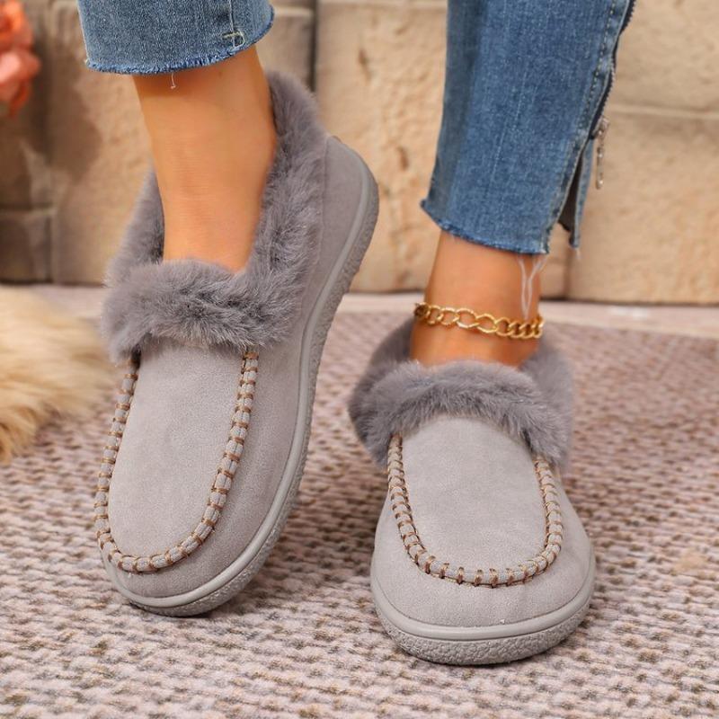 Women's Plus Size Furry Cuff Flat Cotton Shoes Autumn Winter Fleece Lined Warm Slip on Shoes
