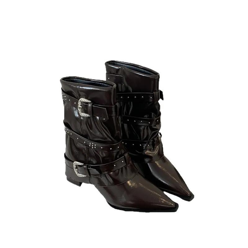 Black Rivet Pant Boots Women's Pointed Toe Niche Design Thick Heel Sleeve Knight Boots Women's Retro Style Rubber Outsole
