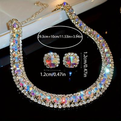Boucles d'oreilles à tige et collier incrustés de strass brillants, bijoux élégants en alliage de style bling-bling, accessoires de banquet