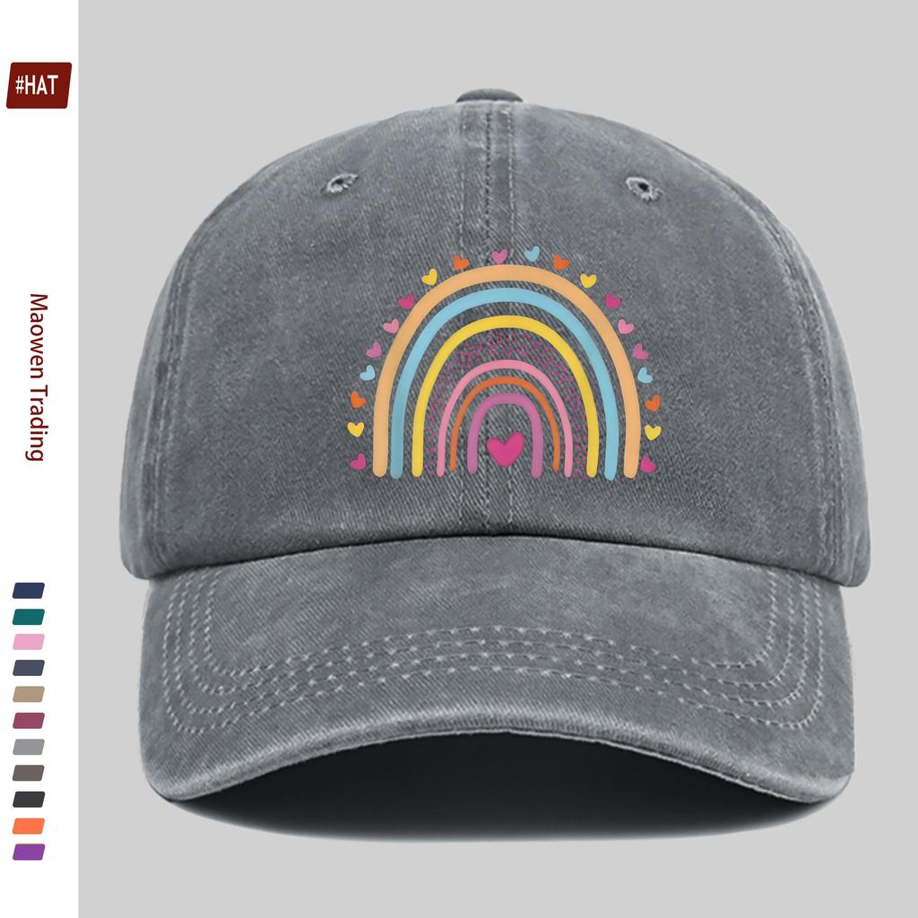 Pc Rainbow And Heart Pattern Printed Baseball Cap Bohemian Style Rainbow Design Sun Hat Comfortable Lightweight Trucker Decor
