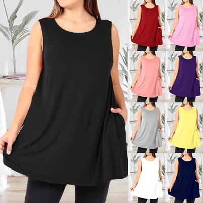Women's Fashion Casual Round Neck Color Pocket Plus Size Vest