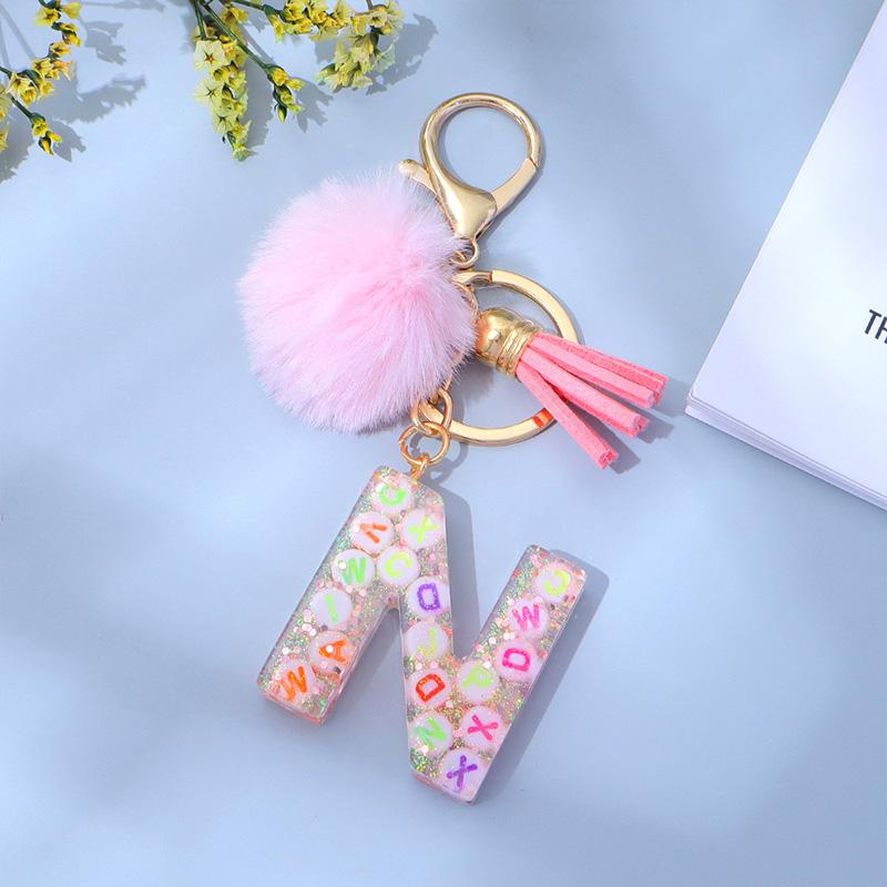 1PC Keyring Key Accessory Letter Filled Colourful Initial Pendant With Fluffy Keychain Glitter Tassel Charms For  Bags Backpacks