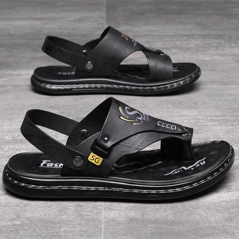 Men s Versatile Summer Ultra-Leather Sandals Casual Driving Beach Slippers Breathable Comfortable Slip-On Fashionable 46 чёрный