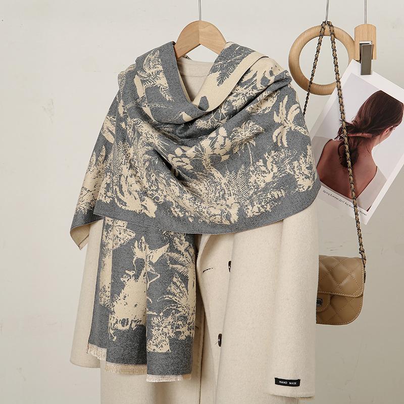 Winter Warm Printed Cashmere Scarf for Women Thick Feathered Edge Blanket Wraps Pashmina Bufanda Tassel Female Long Foulard