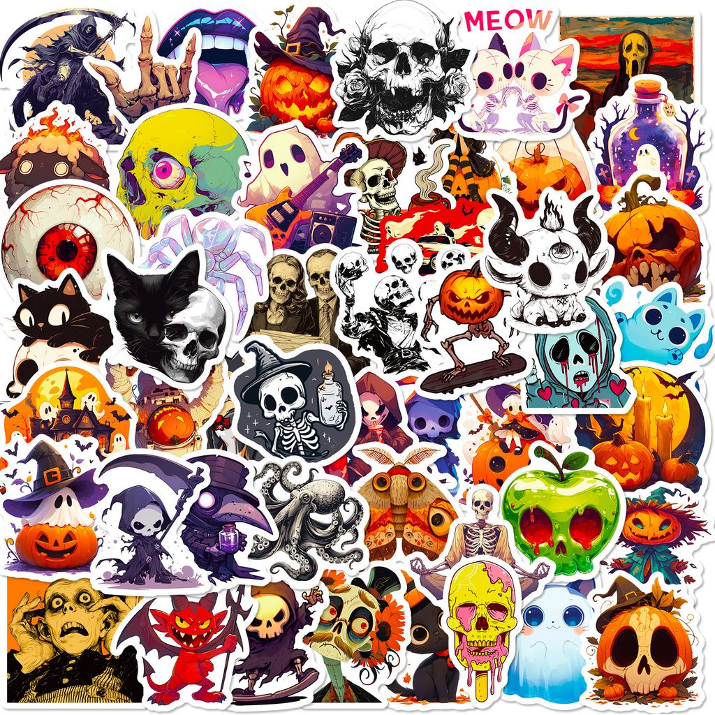 50 Halloween Stickers Skull Pumpkin Witch Grim Reaper Black Cat Cartoon Graffiti Stickers Halloween Stickers