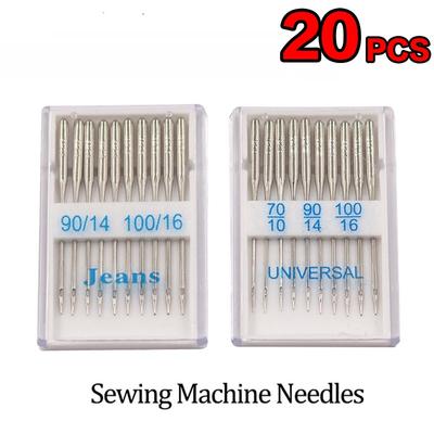 20 unids/set agujas para máquinas de coser plateadas cabezal de punta esférica 70/10 90/14 100/16 Jeans y agujas de coser de acero inoxidable para el hogar en General