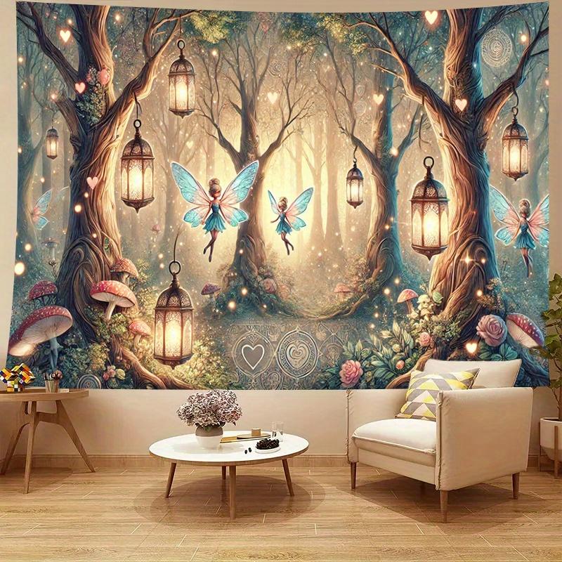 Enchanted Forest Fairy Tapestry With Glowing Lanterns And Mushrooms, Magical Polyester Wall Hanging For Living Room Decor