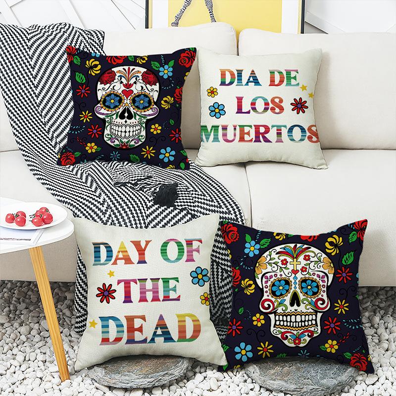 2026 Halloween Totenkopf Buchstaben Leinen Überwurf Kissenbezug, Kissenhülle für Sofa, Dekorative Couch Kissenhülle 45x45cm