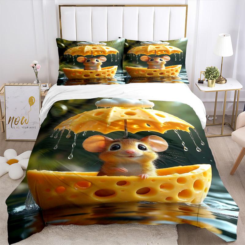 3pcs Anime Mouse Cheese Umbrella Bedding Set - Includes One Quilt Cover and Two Pillowcases (No Core) - Polyester Fabric - Perfect for Bedro