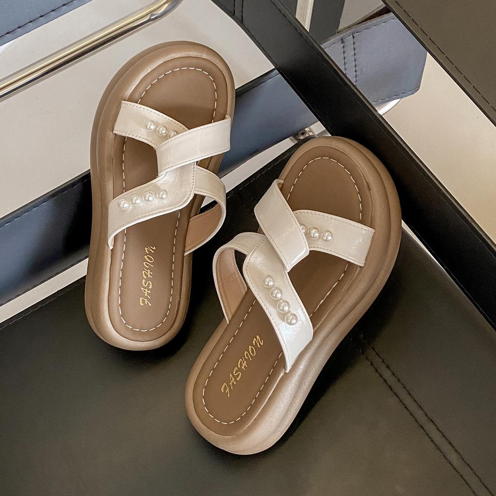 Crossed platform slippers female 2025 summer new with skirt fairy wind beaded casual beach cool slippers