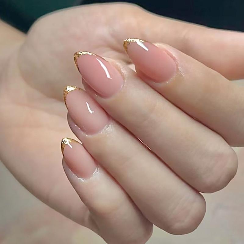 

24Pieces Glitters French Tip False Nail With Gold Edges Pink Blush Design Shine Press On Nail For Women Party Decors 1