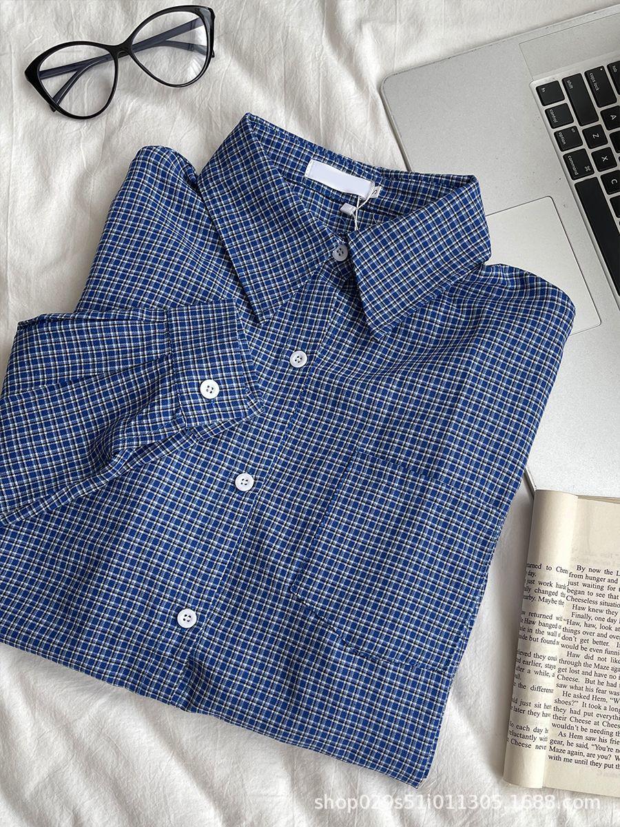 

Women s American Retro Blue Plaid Shirt - Korean Style, Slimming, Loose Fit, Sun Protection, for Spring & Autumn. XL синій