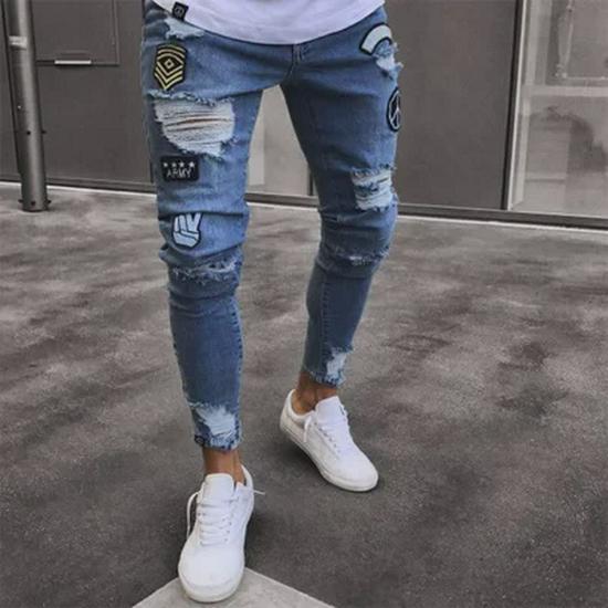 Men's Ripped Skinny Badge-Style Denim Jeans with Zipper Holes