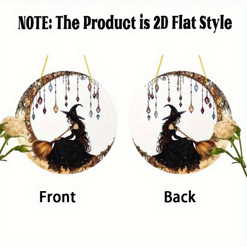 2D flat acrylic Mystery Witch on the Crescent Sun Catcher - acrylic window hanging, stained glass style, perfect for Halloween and fall home decor