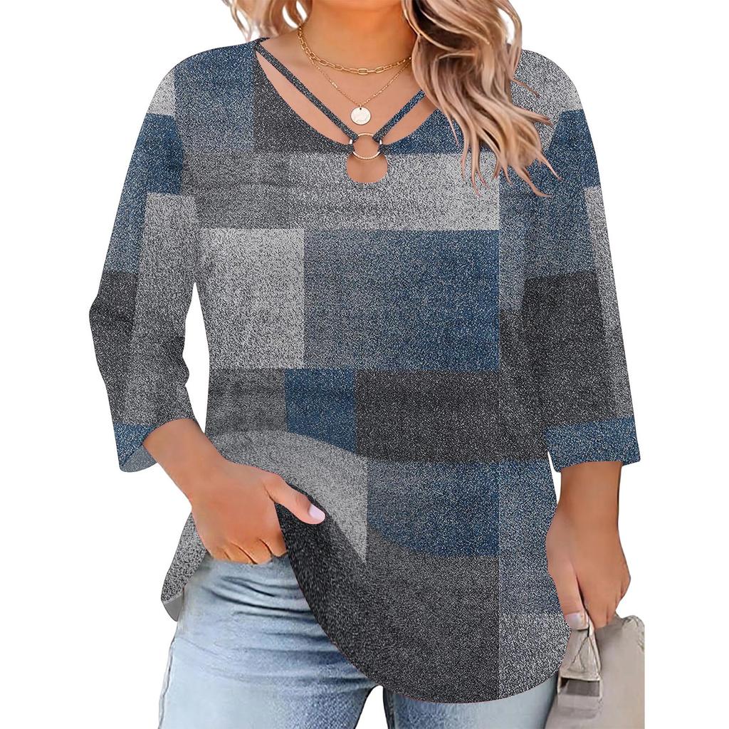 Women's Plus Size Floral Print 3/4 Sleeve Casual Top, Fashionable Loose Fit Blouse for Everyday Wear and ,