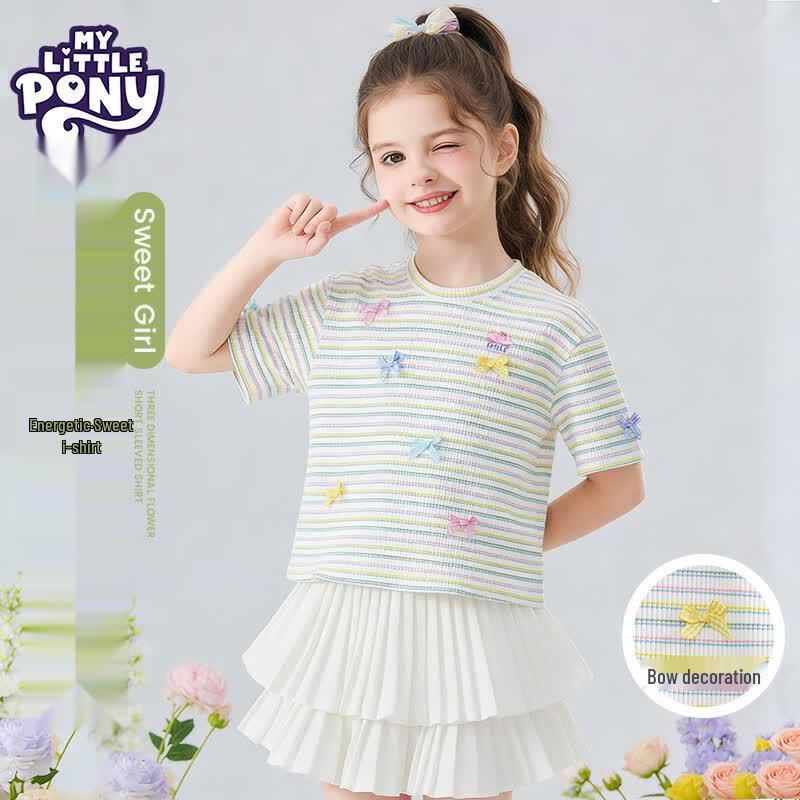 My Little Pony Girls  Striped Bowknot Short Sleeve T-Shirt 150