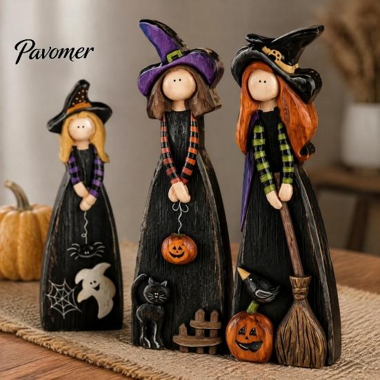 Hand Painted Witch Theme Gifts Halloween Wooden Ornaments, Distressed Figurines, Retro Tabletop Black Cat And Crow Holiday Accents Decoration