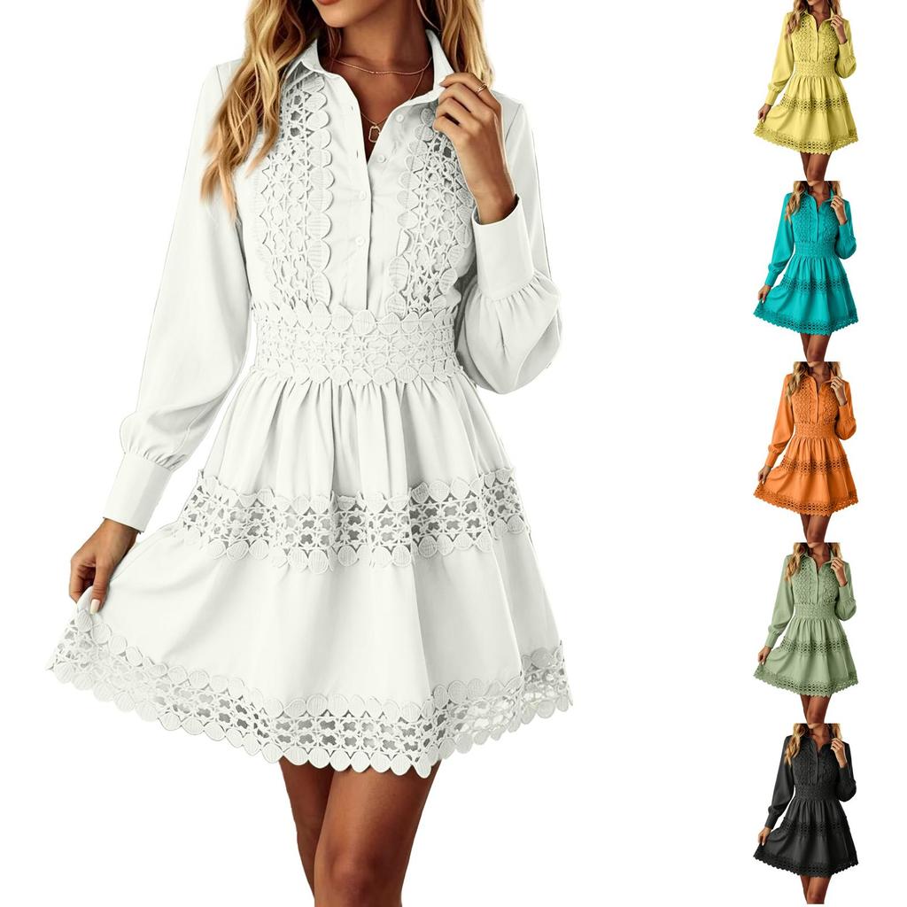 Women's Color Long Sleeve Shirt Dress with Waist-Cinching Lace Trim, Wrinkle-Free for Business Casual Wear