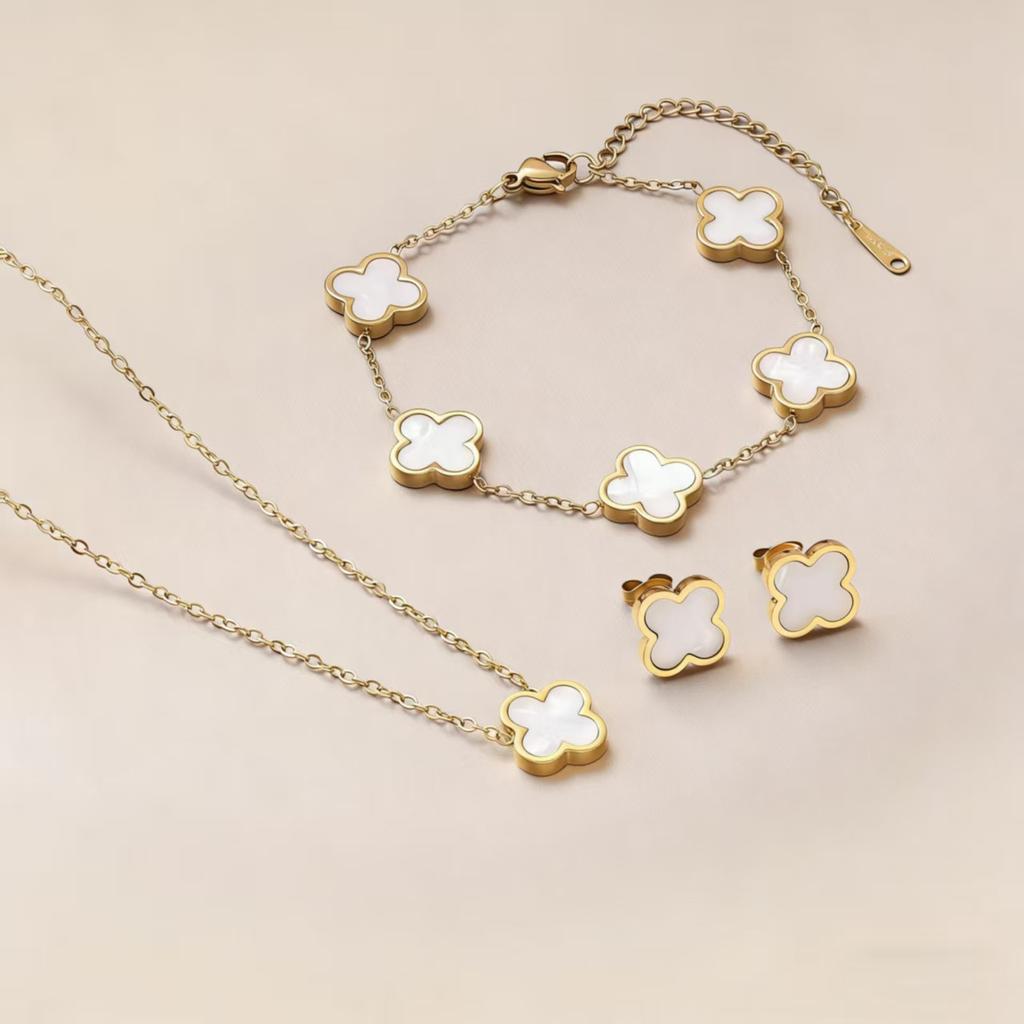 Four-leaf Clover Bracelet Necklace and Earring Set - Titanium Steel Understated Luxury and Minimalist Four-leaf Clover Jewelry