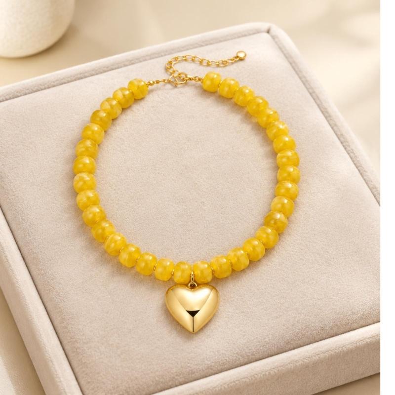 Adjustable Beaded Pendant Necklace with Rounded Resin Beads, Heart-Shaped Center Pendant, Extension Chain, and Lobster Clasp