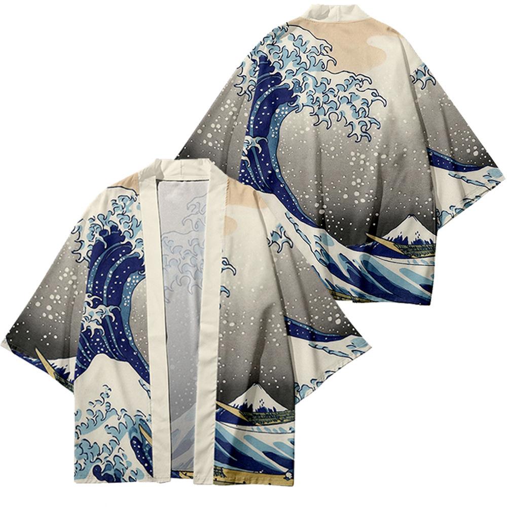 

Креативная иллюстрация даосский халат плащ японский стиль рукав три четверти повседневный свободный кимоно для мужчин плюс размер лето 5XL
