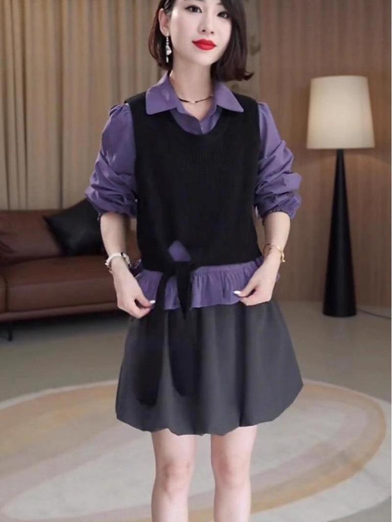 2025 Women’s Autumn School Style OOTD: Layered Knit Vest & Shirt Two-Piece Set