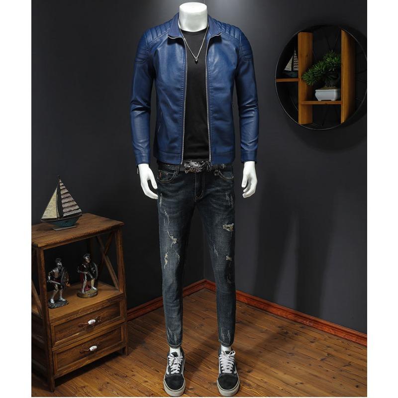 Stand Collar Leather Jacket Men's Trendy Jacket Spring New Leather Jacket Slim Korean Style Handsome Spring and Autumn Men's Clothing
